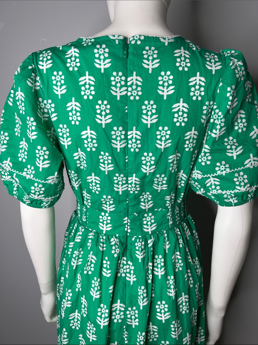 J. Crew Factory Block- Print Puff Sleeves Green Dress - Picture 9 of 12